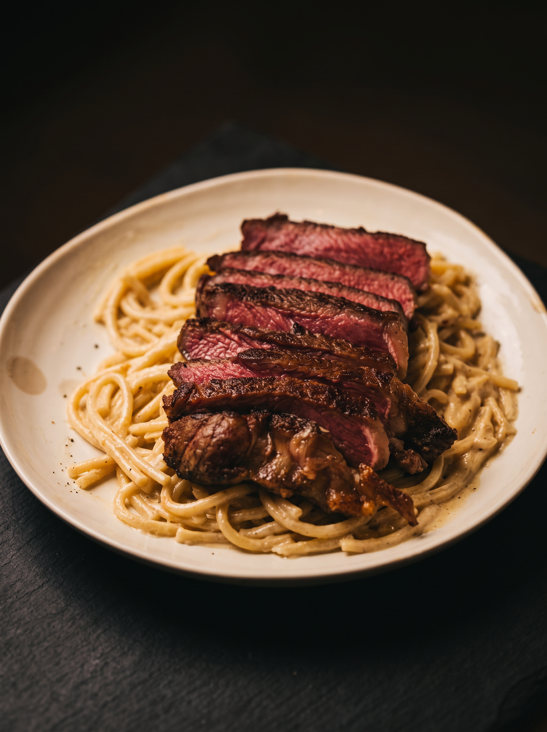 Sliced Ribeye over Cacio e Pepe