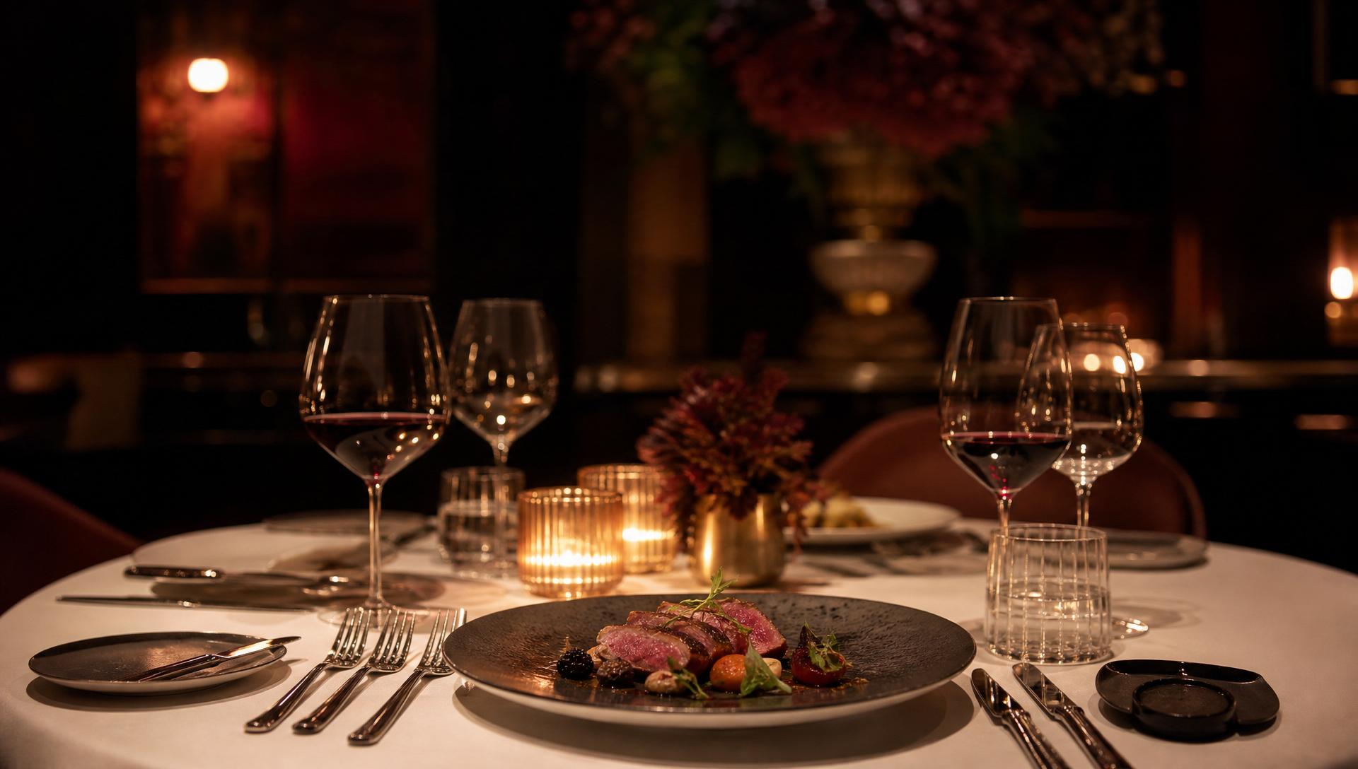 Elegant private dinner table with wine glasses and candlelight